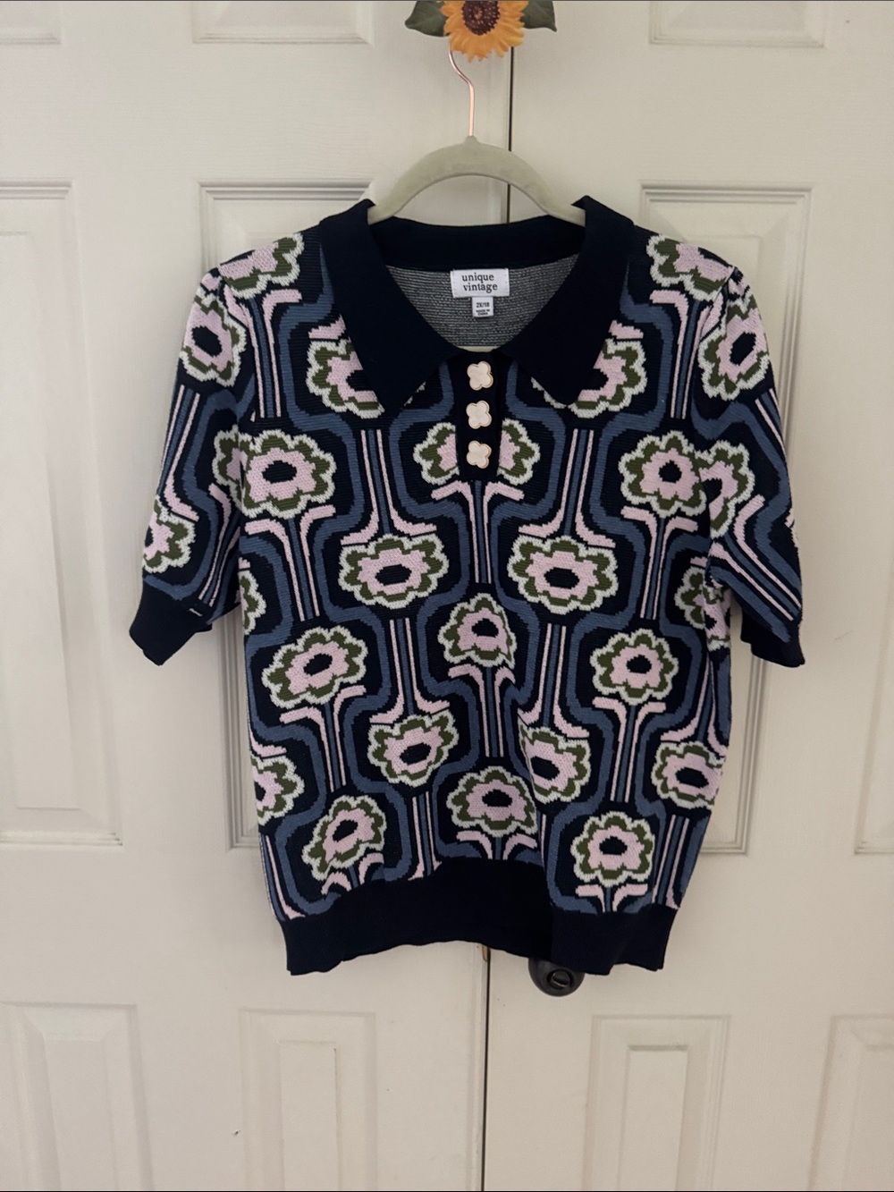 Unique Vintage Navy Floral Retro Knit Polo Top